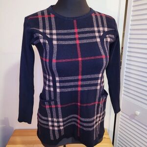 Plaid Long Sleeve Sweater with Pockets